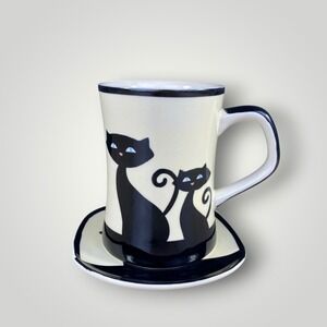 Black Cat Mug Cup Saucer Set Whimsical Cat Lover Y2K 1990s HuesNBrews Halloween